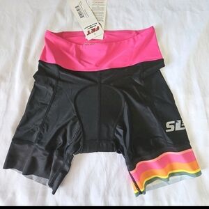 Women's Athletic Cycling Shorts with Pink Waistband and Rainbow Hem